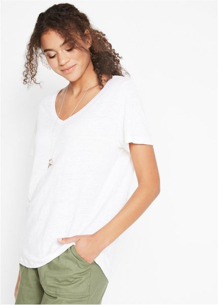 T-shirt z czystego lnu. Zielone bluzki damskie bonprix, bez wzorów, ze lnu, eleganckie, bez kołnierzyka, bez ramiączek. Za 112.99 zł.