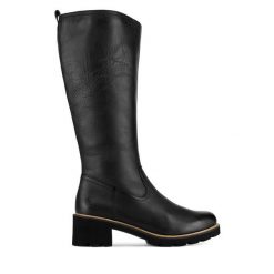 Kozaki Remonte. Czarne kozaki damskie Remonte, bez obcasa, na słupku. Za 447.00 zł.