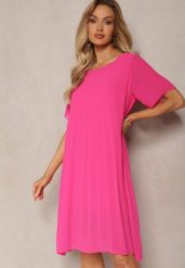 Fuksjowa Plisowana Sukienka o Rozkloszowanym Kroju Orxiala. Czerwone sukienki damskie Renee, s, bez wzorów, eleganckie, bez kołnierzyka, bez ramiączek, mini, rozkloszowane. Za 54.99 zł.