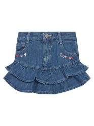 Guess Spódnica jeansowa K6RD00 D45E0 Niebieski Regular Fit. Niebieskie spódniczki dla dziewczynek Guess, z aplikacjami, z jeansu. Za 199.99 zł.