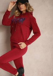 Bordowy Ocieplany Komplet Dresowy Bawełniany Spodnie Joggery i Bluza Zdobiona Nadrukiem Filoira. Czerwone bluzy damskie Renee, m, z aplikacjami, z bawełny. Za 84.99 zł.