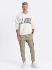 Męskie spodnie JOGGERY z zapinanymi kieszeniami cargo - khaki V1 OM-PAJO-0125 - XXL. Brązowe spodnie materiałowe męskie Ombre Clothing, l, bez wzorów, z bawełny. Za 107.99 zł.