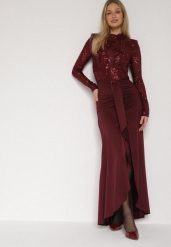 Bordowa Cekinowa Sukienka Wieczorowa z Półgolfem i Trenem Eylnore. Czerwone sukienki damskie Born2be, na imprezę, m, z aplikacjami, klasyczne, bez kołnierzyka, bez ramiączek, maxi. Za 239.99 zł.