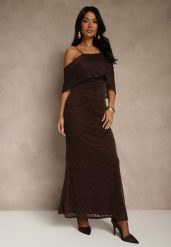 Brązowa Sukienka o Asymetrycznym Kroju Ozdobiona Falbaną Owedia. Brązowe sukienki damskie Renee, l, bez wzorów, z poliesteru, eleganckie, z asymetrycznym kołnierzem, bez ramiączek, asymetryczne. Za 179.99 zł.