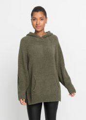 Sweter z kapturem, z polaru baranka. Zielone swetry damskie bonprix, na zimę, bez wzorów, z polaru, bez kołnierzyka, bez ramiączek, z kapturem. Za 127.99 zł.