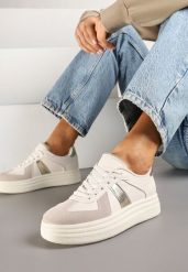 Beżowo-Złote Sneakersy na Platformie Ozdobione Paskami ze Sznurowaniem Bormi. Brązowe obuwie sportowe damskie Renee, bez wzorów, z jeansu. Za 79.99 zł.