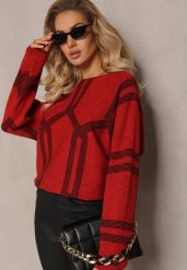 Czerwony Sweter z Okrągłym Dekoltem i Wzorem w Paski Busso. Czerwone swetry damskie Renee, xl, bez wzorów, casualowe, bez kołnierzyka, bez ramiączek, bez kaptura. Za 99.99 zł.