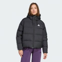 Puchowa kurtka z kapturem Essentials Climawarm z 3 paskami. Czarne kurtki damskie Adidas, bez wzorów, z puchu, z kapturem. Za 649.00 zł.