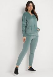 Miętowy Komplet Dresowy z Weluru Bluza z Kapturem i Spodnie z Gumką w Pasie Avinlia. Zielone bluzy damskie Born2be, s, bez wzorów, z dresówki, z kapturem. Za 79.99 zł.
