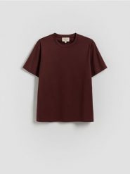T-shirt regular z domieszką modalu - mahoniowy. Brązowe t-shirty męskie Reserved, l, bez wzorów, z bawełny, bez kołnierzyka. W wyprzedaży za 79.99 zł.