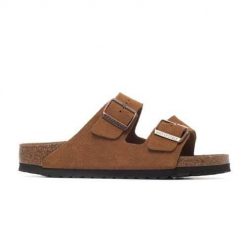 Klapki damskie Birkenstock Arizona Leve Mink. Brązowe klapki damskie Birkenstock, bez wzorów, z materiału, sportowe, bez obcasa. Za 533.25 zł.