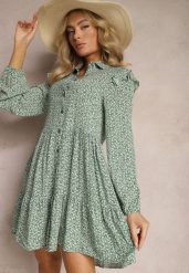 Zielona Mini Sukienka o Rozkloszowanym Kroju w Kwiaty z Falbankami Limrena. Zielone sukienki dla dziewczynek Renee, na lato, bez wzorów, bez ramiączek. Za 59.99 zł.