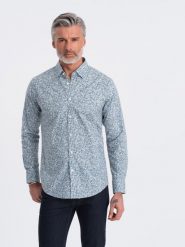 Koszula męska SLIM FIT w print drobnych liści - jasnoniebieska V1 - Rozmiar: S. Niebieskie koszule męskie Ombre Clothing, m, bez wzorów, z bawełny, bez kołnierzyka, bez ramiączek. W wyprzedaży za 69.99 zł.