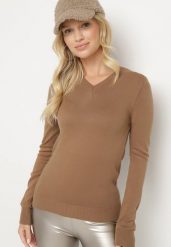 Brązowy Klasyczny Sweter z Dekoltem w Szpic Felitha. Brązowe swetry damskie Born2be, m, bez wzorów, z jeansu, biznesowe, bez kołnierzyka, bez ramiączek, długie, bez kaptura. Za 74.99 zł.