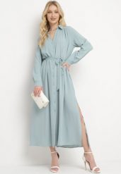 Niebieska Rozpinana Sukienka Koszulowa z Regulowanymi Rękawami Grimoire. Niebieskie sukienki damskie Born2be, na co dzień, l, bez wzorów, eleganckie, bez kołnierzyka, bez ramiączek, maxi, koszulowe. Za 109.99 zł.