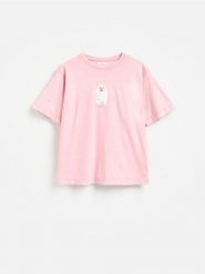 Bawełniany t-shirt z nadrukiem - różowy. Czerwone t-shirty damskie Reserved, l, bez wzorów, z bawełny, bez kołnierzyka. Za 59.99 zł.
