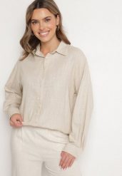 Beżowa Koszula z Wiskozą i Lnem o Kroju Oversize Katavie. Brązowe bluzki damskie Born2be, m, bez wzorów, z jeansu, eleganckie, bez kołnierzyka, bez ramiączek. Za 84.99 zł.