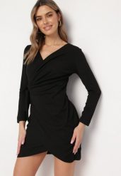 Czarna Sukienka Kopertowa Mini Wiązana w Pasie Icona. Czarne sukienki dla dziewczynek Born2be, bez wzorów, eleganckie, bez ramiączek. Za 79.99 zł.