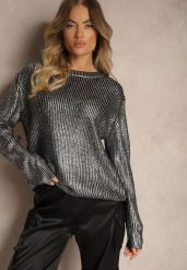 Czarno-Srebrny Klasyczny Sweter o Pudełkowym Kroju Ozdobiony Metalicznym Połyskiem Evaniae. Czarne swetry damskie Renee, bez wzorów, casualowe, bez kołnierzyka, bez ramiączek, bez kaptura. Za 119.99 zł.