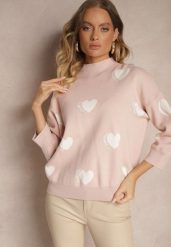 Jasnoróżowy Sweter z Wiskozą i Modalem Ozdobiony Sercami Zeanisia. Czerwone swetry damskie Renee, s, bez wzorów, z jeansu, casualowe, bez kołnierzyka, bez ramiączek, długie, bez kaptura. Za 99.99 zł.