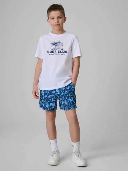 Spodenki plażowe boardshorty chłopięce 4F 4FJRSS26UBDSM211. Niebieskie szorty dla chłopców 4f, bez wzorów, z elastanu. Za 45.99 zł.