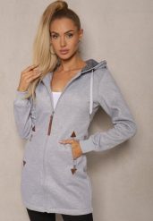Szara Bluza Długa z Kapturem Ozdobionym Napisami Sinellina. Szare bluzy damskie Renee, l, bez wzorów, z jeansu, z kapturem. Za 89.99 zł.