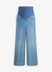 Szerokie jeansy ciążowe z elastycznego denimu, pełna długość. Niebieskie jeansy damskie bonprix, moda ciążowa. Za 179.99 zł.