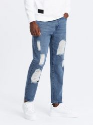 Męskie jeansowe spodnie TAPERED FIT z dziurami – ciemnoniebieskie V3 OM-PADP-0175 - XXL. Niebieskie spodnie materiałowe męskie Ombre Clothing, l, bez wzorów, z bawełny, eleganckie. Za 113.99 zł.