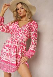 Różowo-Biała Wiskozowa Sukienka o Rozkloszowanym Kroju z Długimi Rękawami Zakończonymi Gumką Kililasa. Czerwone sukienki damskie Renee, na spotkanie biznesowe, l, bez wzorów, z wiskozy, eleganckie, bez kołnierzyka, bez ramiączek, mini, rozkloszowane. Za 79.99 zł.