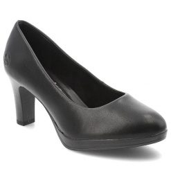 Czółenka damskie Rieker w klasycznym fasonie z zaokrąglonym noskiem stabilnym obcasem typu słupek i subtelną platformą czarne, 41560-01 Black. Czarne czółenka damskie Rieker, bez wzorów, biznesowe, bez obcasa, na obcasie, bez zapięcia. Za 349.00 zł.