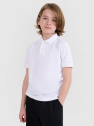 4F Koszulka polo chłopięca - biała 140 (9-10 lat). Białe t-shirty dla chłopców 4f, bez wzorów, z bawełny, bez ramiączek. W wyprzedaży za 29.99 zł.