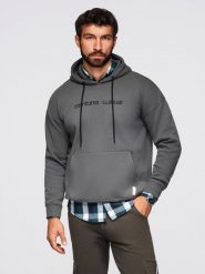 Bluza męska kangurka z haftem i kapturem – grafitowa V2 - Rozmiar: S. Szare bluzy męskie Ombre Clothing, m, bez wzorów, z bawełny, z kapturem. W wyprzedaży za 157.49 zł.