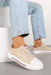 Beżowe Płaskie Trampki ze Skóry Naturalnej ze Skórzaną Wkładką i Ozdobnym Noskiem Milili. Brązowe obuwie sportowe damskie Renee, bez wzorów, z jeansu, klasyczne, bez zapięcia. Za 79.99 zł.