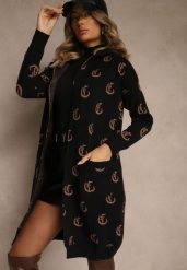 Czarny Kardigan z Kapturem Ozdobiony Geometrycznym Motywem Ralanessa. Czarne kardigany damskie Renee, l, bez wzorów, eleganckie, bez kołnierzyka, bez ramiączek, z kapturem. Za 109.99 zł.
