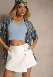Białe Spódnico-Spodenki z Zakładką i Ozdobnymi Guzikami Finritia. Białe szorty damskie Renee, s, bez wzorów, eleganckie, z podwyższonym stanem. Za 39.99 zł.