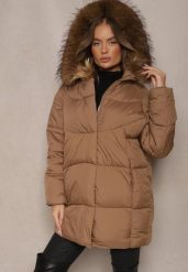 Ciemnobeżowa Kurtka z Pikowanymi Przeszyciami z Kapturem z Odpinanym Futrem Wiązana w Talii Issarelia. Brązowe kurtki damskie Renee, xl, bez wzorów, z jeansu, z kapturem. Za 169.99 zł.