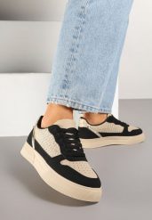 Beżowo-Czarne Sneakersy na Grubej Podeszwie z Brokatem Perforacją i Plecionką Mirreina. Brązowe obuwie sportowe damskie Born2be, bez wzorów, z jeansu. Za 89.99 zł.