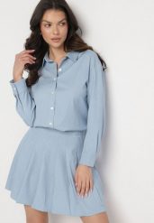 Jasnoniebieska Koszula w Klasycznym Stylu z Bawełny Andeviea. Niebieskie bluzki damskie Born2be, l, z aplikacjami, z bawełny, eleganckie, bez kołnierzyka, bez ramiączek. Za 119.99 zł.