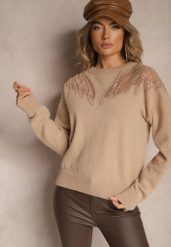 Ciemnobeżowy Sweter Ozdobiony Koralikami Cekinami Perełkami i Siateczkowymi Wstawkami Evathraea. Brązowe swetry damskie Renee, l, z aplikacjami, casualowe, bez kołnierzyka, bez ramiączek, bez kaptura. Za 119.99 zł.