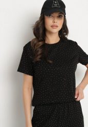 Czarny T-shirt z Wiskozą Ozdobiony Cyrkoniami Hirritia. Czarne bluzki damskie Born2be, l, z aplikacjami, z jeansu, klasyczne, bez kołnierzyka. Za 79.99 zł.