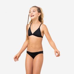 Kostium kąpielowy dwuczęściowy surfingowy dla dzieci Decathlon Tamara 100. Czarne stroje kąpielowe dla dziewczynek Decathlon, bez wzorów, z elastanu. Za 24.99 zł.