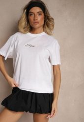 Biała Bawełniana Koszulka T-shirt z Małym Napisem Lanivelle. Białe bluzki damskie Renee, m, bez wzorów, z bawełny, eleganckie, bez kołnierzyka. Za 34.99 zł.