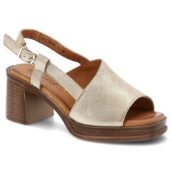 Sandały damskie Vinceza, cholewka ze skóry naturalnej na stabilnym klocku, złote, 39994. Żółte klapki damskie VINCEZA, bez wzorów, ze skóry, bez obcasa, na obcasie, bez zapięcia. Za 159.00 zł.