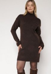 Brązowa Dzianinowa Sukienka z Półgolfem z Domieszką Wełny i Wiskozą Nesara. Brązowe sukienki damskie Born2be, na co dzień, na zimę, uniwersalny, bez wzorów, z dzianiny, bez kołnierzyka, bez ramiączek, midi. Za 129.99 zł.