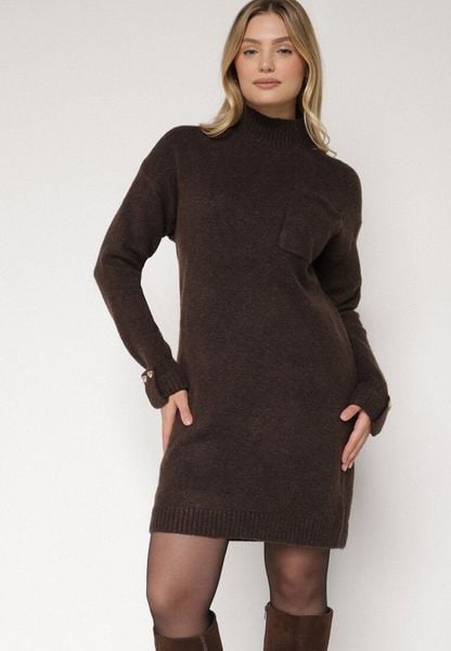 Brązowa Dzianinowa Sukienka z Półgolfem z Domieszką Wełny i Wiskozą Nesara. Brązowe sukienki damskie Born2be, na co dzień, na zimę, uniwersalny, bez wzorów, z dzianiny, bez kołnierzyka, bez ramiączek, midi. Za 129.99 zł.