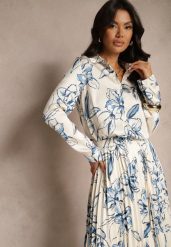Biało-Niebieska Koszula z Wiskozą i Kwiatowym Wzorem Fenellea. Białe bluzki damskie Renee, l, bez wzorów, z jeansu, eleganckie, bez kołnierzyka, bez ramiączek. Za 89.99 zł.