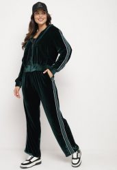 Zielony Welurowy Komplet Dresowy z Ozdobnym Lampasem Bluza ze Stójką i Proste Spodnie Seralina. Zielone bluzy damskie Born2be, l, bez wzorów, z dresówki, bez kaptura. Za 109.99 zł.