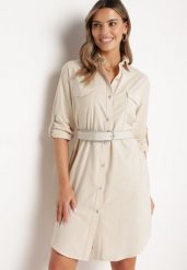 Beżowa Sukienka o Koszulowym Fasonie z Paskiem z Cyrkoniami w Komplecie Iosali. Brązowe sukienki damskie Born2be, l, bez wzorów, eleganckie, bez kołnierzyka, bez ramiączek, midi, kopertowe. Za 119.99 zł.