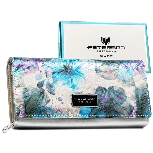 Duży portfel damski odszyty z wielokolorowej skóry naturalnej i ekologicznej, zamykany na zatrzask PTN PX20-1-NPK Peterson. Portfele damskie Peterson, bez wzorów, ze skóry. Za 119.99 zł.