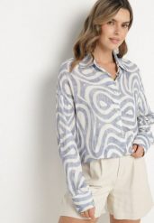 Niebiesko-Biała Klasyczna Koszula z Wiskozy w Abstrakcyjny Wzór Redasha. Niebieskie bluzki damskie Born2be, l, bez wzorów, z jeansu, eleganckie, bez kołnierzyka, bez ramiączek. Za 89.99 zł.
